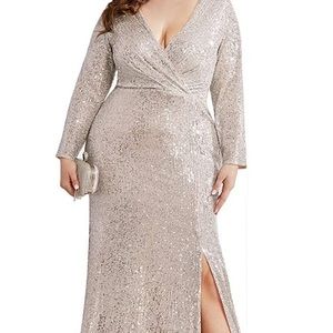 Ever Pretty Sequin Maxi Dress Silver Formal Gown V Neck Long Sleeve Size 16